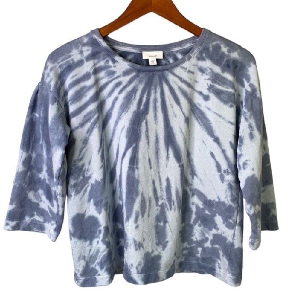 J Jill Purejill Blue Tie Dye FrenchTerry Top Sweater Elbow Sleeve Crew Neck